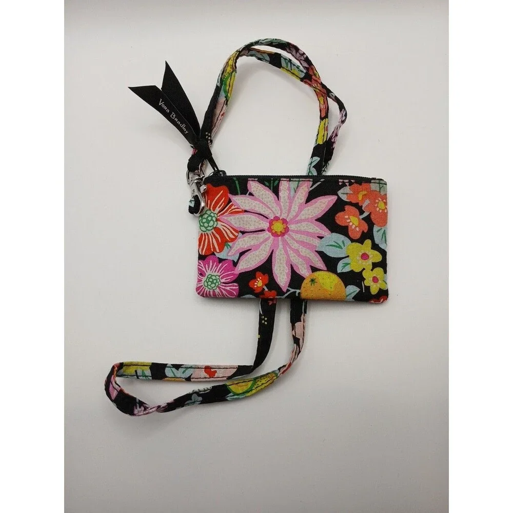 Vera Bradley Floral Fabric ID Holder Wallet with Lanyard Zipper Pouch Crossbody